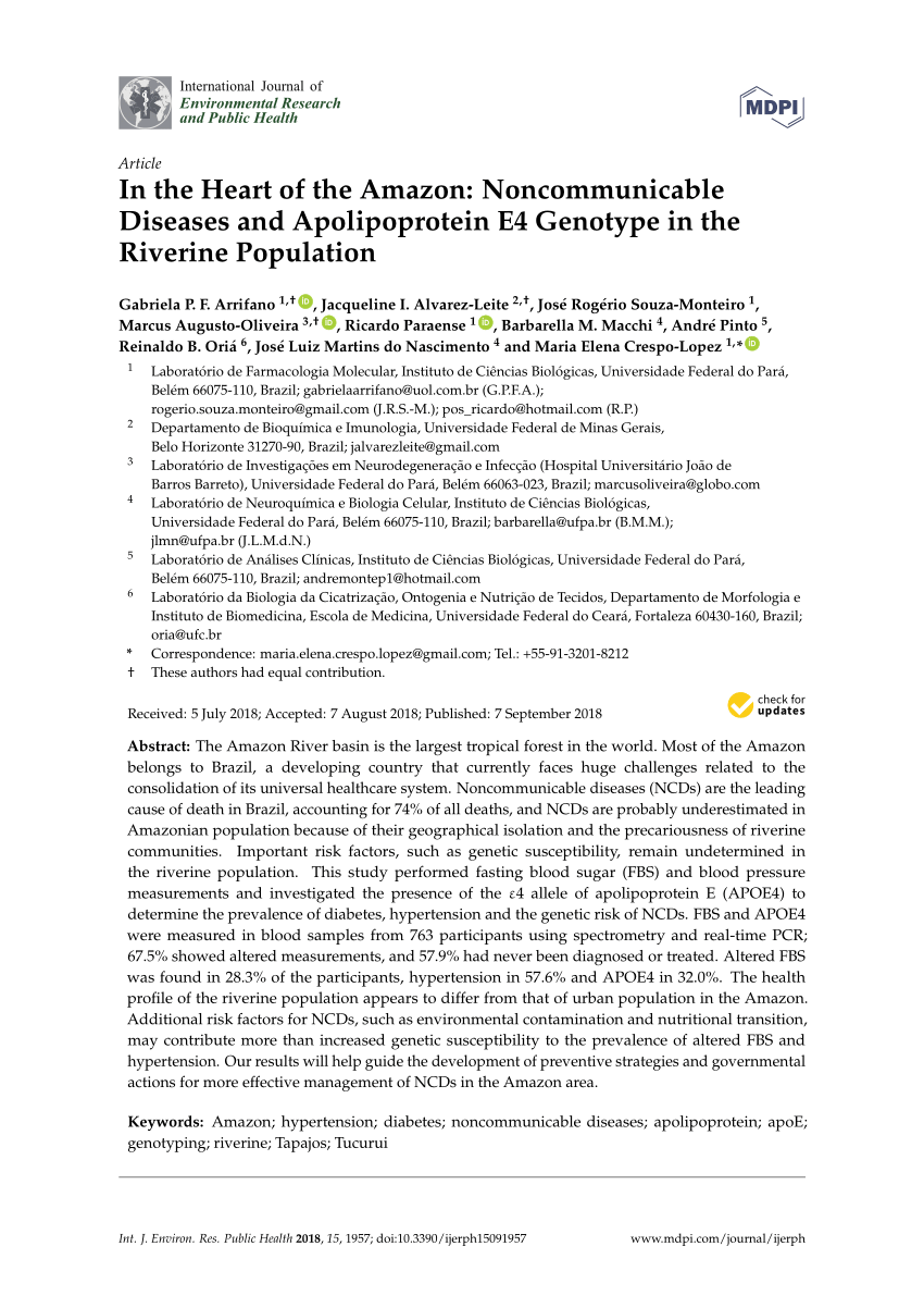 Pdf In The Heart Of The Amazon Noncommunicable Diseases And Apolipoprotein E4 Genotype In The Riverine Population