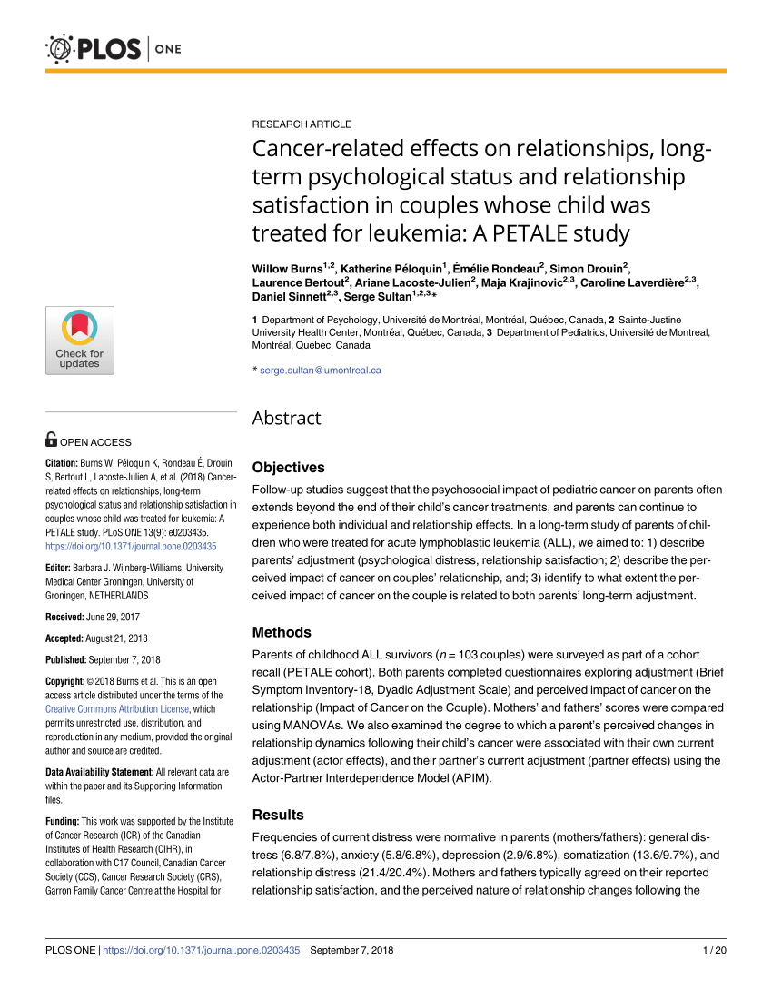 Pdf Cancer Related Effects On Relationships Long Term Psychological Status And Relationship Satisfaction In Couples Whose Child Was Treated For Leukemia A Petale Study