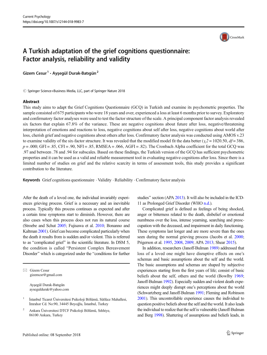 pdf a turkish adaptation of the grief cognitions questionnaire factor analysis reliability and validity