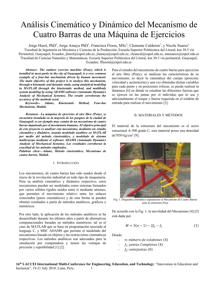 PDF) Análisis Cinemático y Dinámico del Mecanismo de Cuatro Barras de una  Máquina de Ejercicios