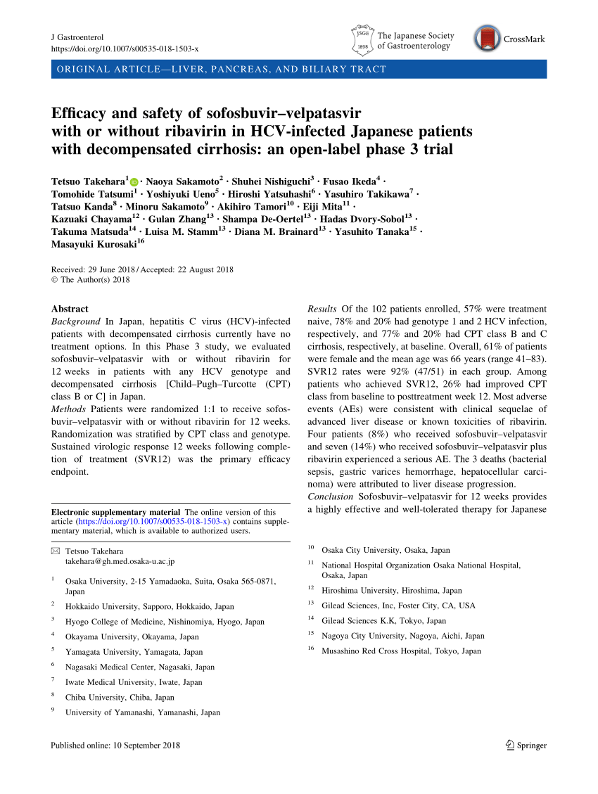 Pdf Efficacy And Safety Of Sofosbuvir Velpatasvir With Or Without Ribavirin In Hcv Infected Japanese Patients With Decompensated Cirrhosis An Open Label Phase 3 Trial