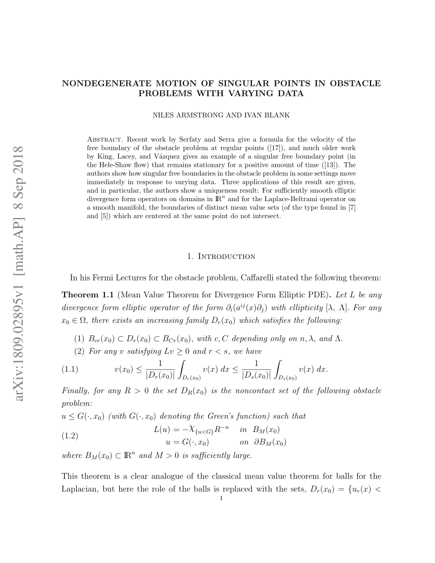 Pdf Nondegenerate Motion Of Singular Points In Obstacle Problems With Varying Data