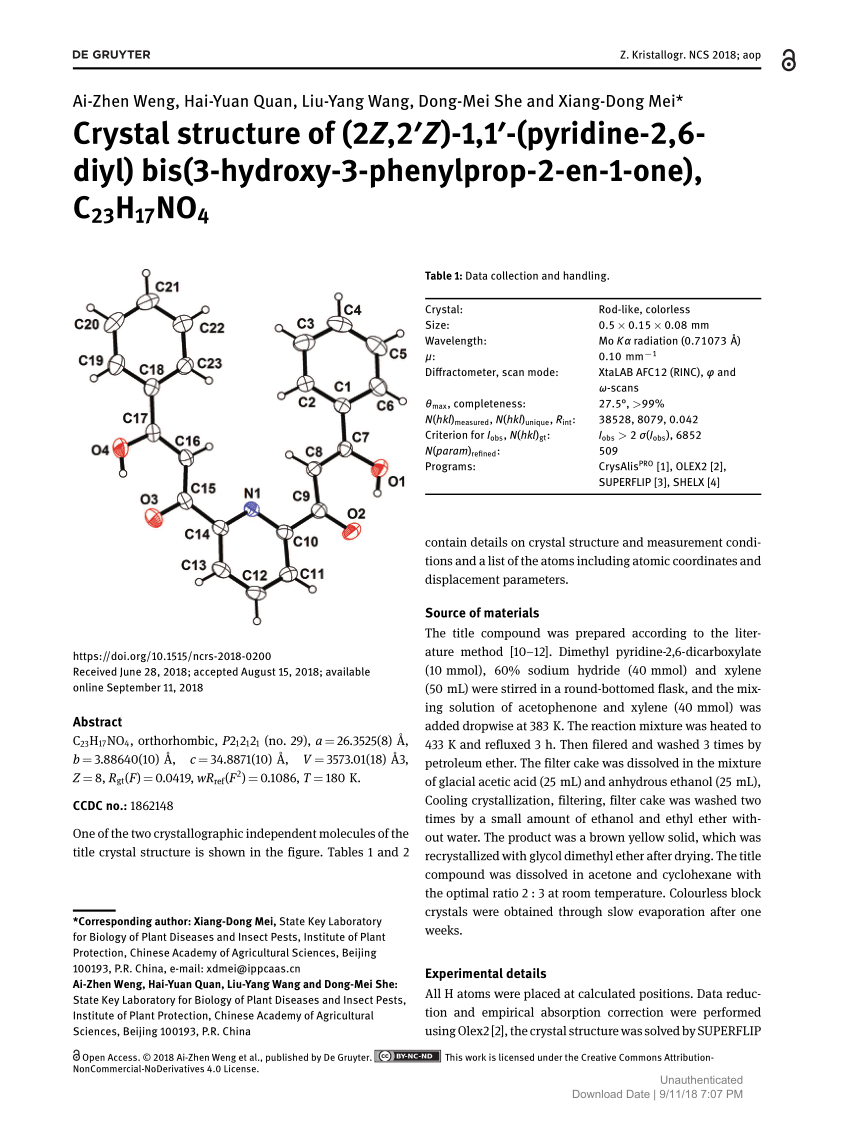 Pdf Crystal Structure Of 2z 2 Z 1 1 Pyridine 2 6 Diyl Bis 3 Hydroxy 3 Phenylprop 2 En 1 One C23h17no4