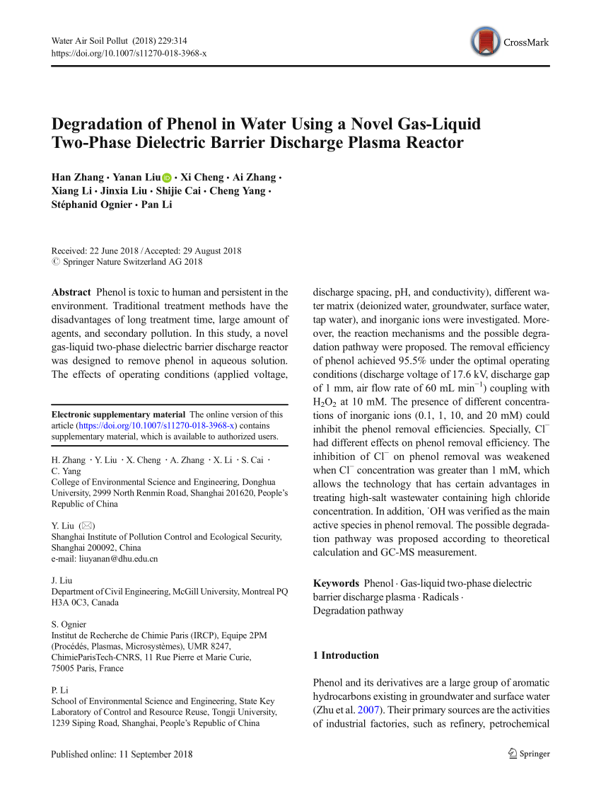 Pdf Degradation Of Phenol In Water Using A Novel Gas Liquid Two Phase Dielectric Barrier Discharge Plasma Reactor