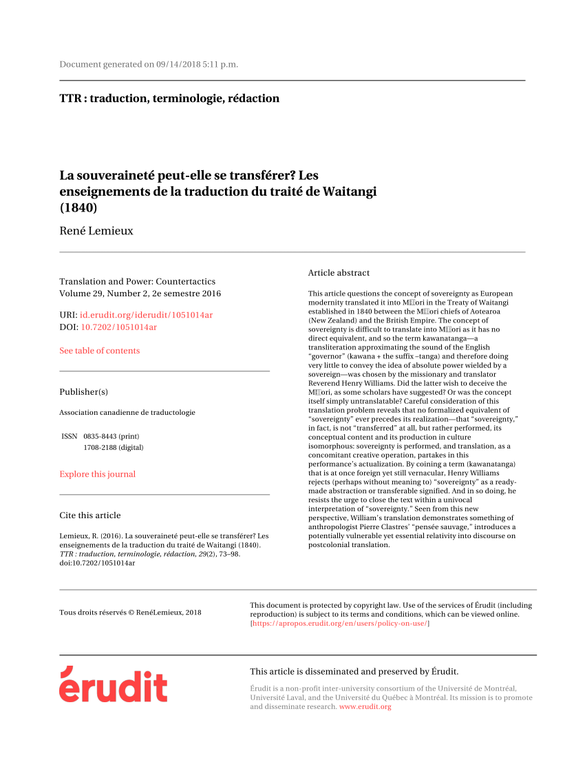 Pdf La Souverainete Peut Elle Se Transferer Les Enseignements De La Traduction Du Traite De Waitangi 1840