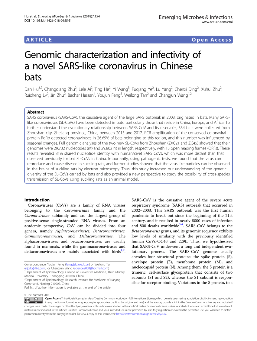 Pdf Genomic Characterization And Infectivity Of A Novel Sars Like Coronavirus In Chinese Bats