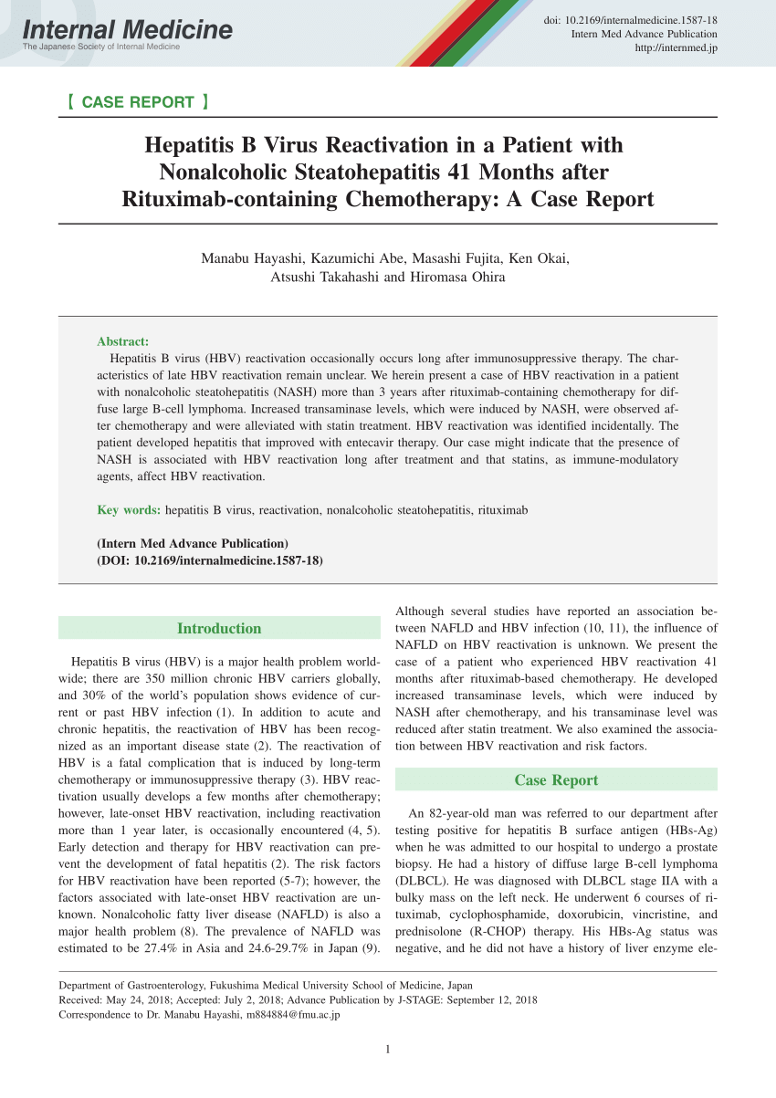 Pdf Hepatitis B Virus Reactivation In A Patient With Nonalcoholic