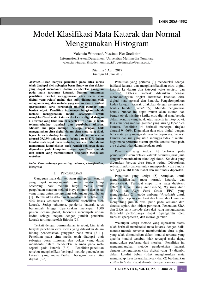 Pdf Model Klasifikasi Mata Katarak Dan Normal Menggunakan Histogram