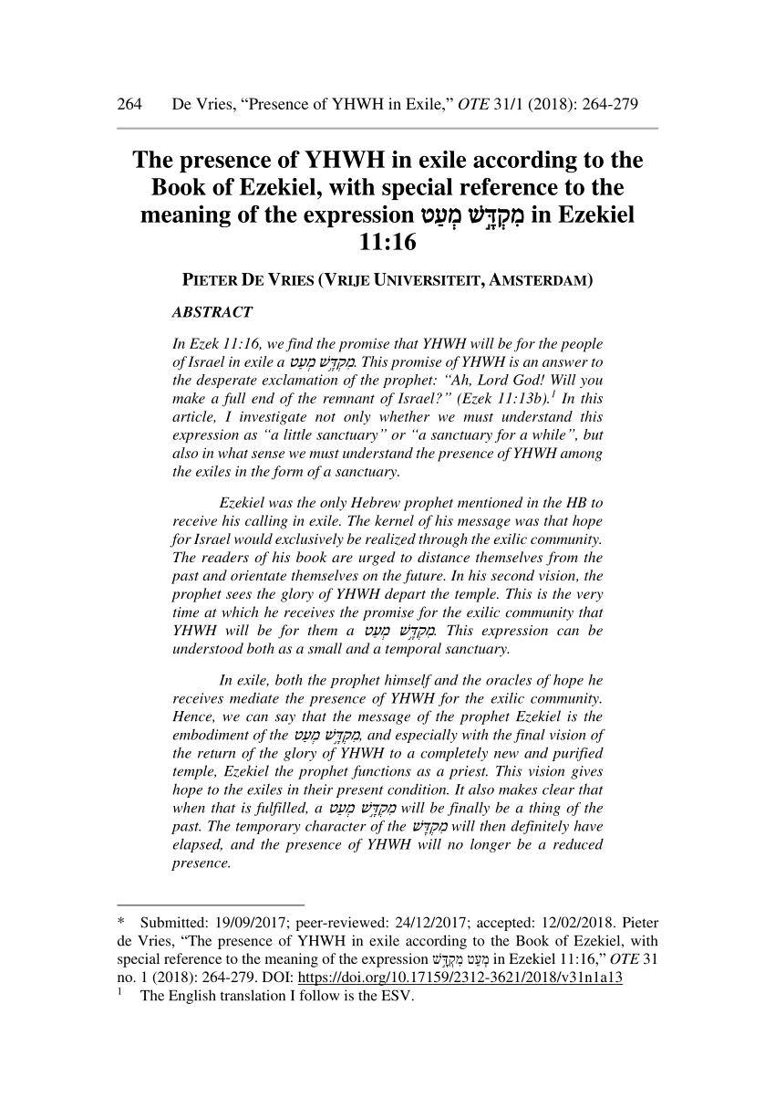 Pdf The Presence Of Yhwh In Exile According To The Book Of Ezekiel With Special Reference To The Meaning Of The Expression ×ž ×§ ×