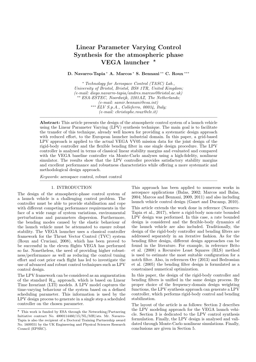 Pdf Linear Parameter Varying Control Synthesis For The Atmospheric Phase Vega Launcher