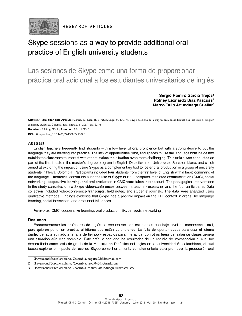 Pdf Las Sesiones De Skype Como Una Forma De Proporcionar Practica Oral Adicional A Los Estudiantes Universitarios De Ingles