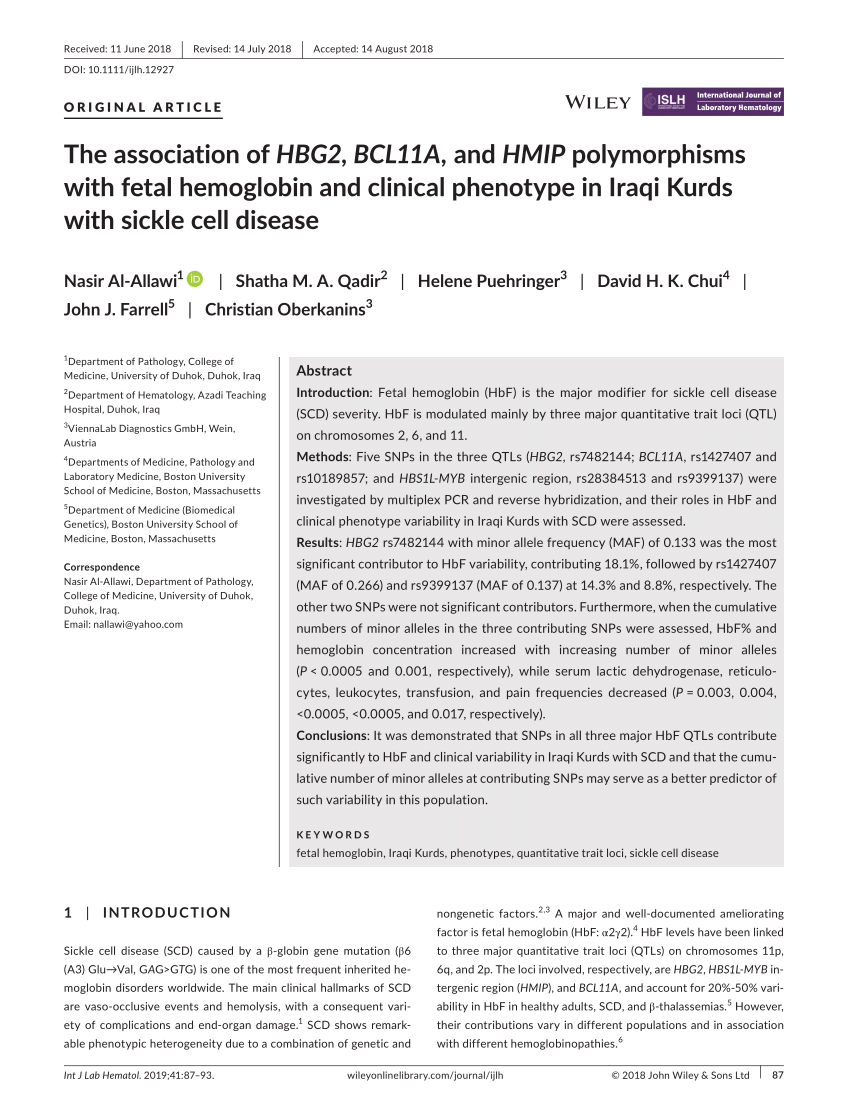 Pdf The Association Of Hbg2 l11a And Hmip Polymorphisms With Fetal Hemoglobin And Clinical Phenotype In Iraqi Kurds With Sickle Cell Disease