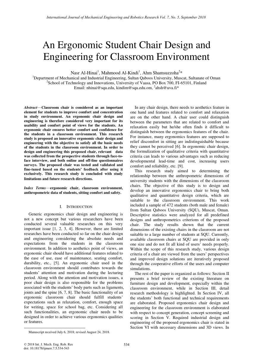 Pdf An Ergonomic Student Chair Design And Engineering For