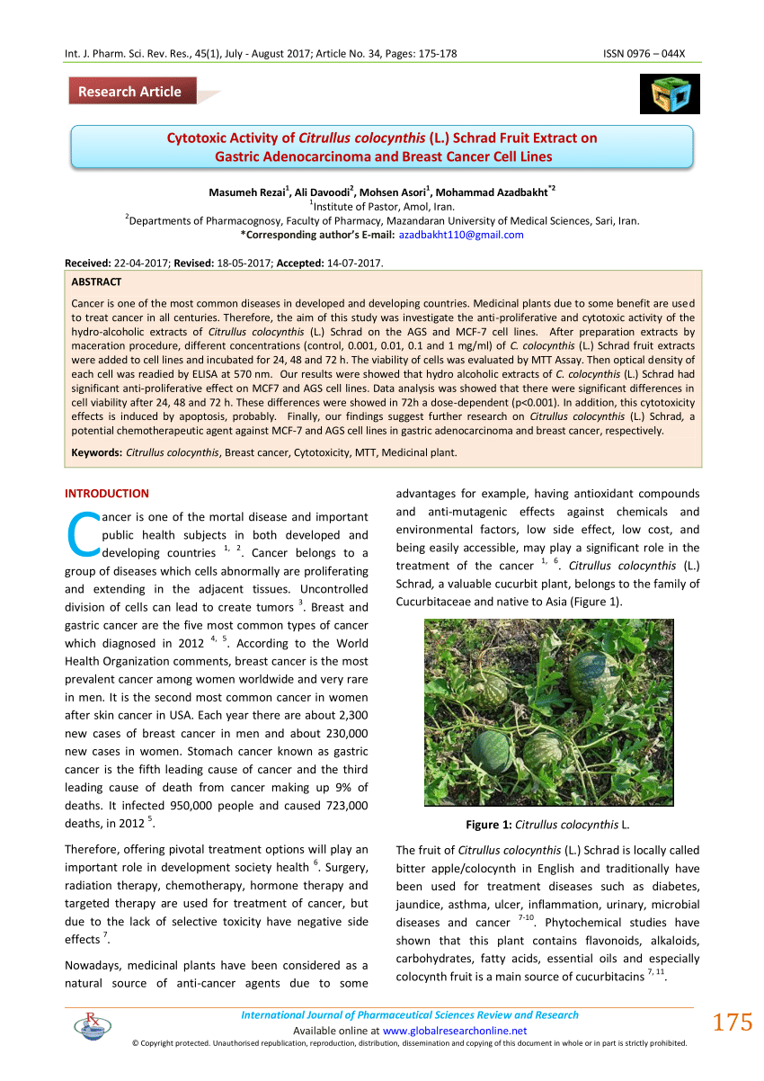 (PDF) Cytotoxic Activity of Citrullus colocynthis (L.) Schrad Fruit ...