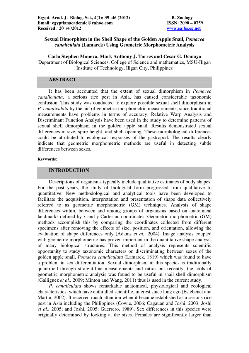 Pdf Sexual Dimorphism In The Shell Shape Of The Golden Apple Snail Pomacea Canaliculata 