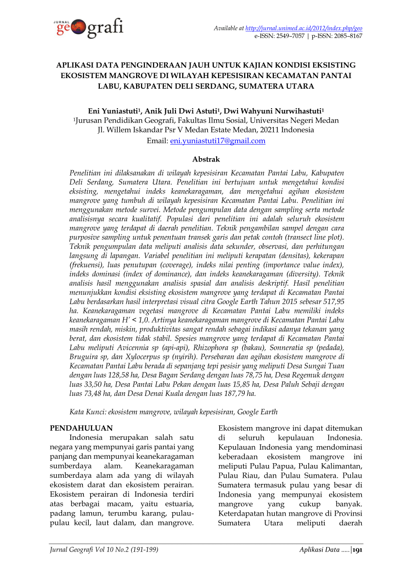 Pdf Aplikasi Data Penginderaan Jauh Untuk Kajian Kondisi Eksisting Ekosistem Mangrove Di 2400