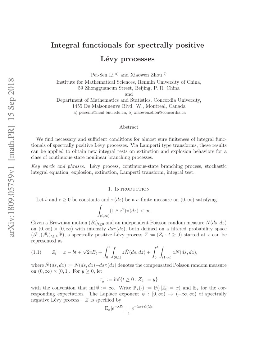Pdf Integral Functionals For Spectrally Positive Levy Processes
