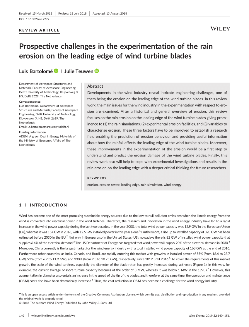 PDF) Prospective challenges in the experimentation of the rain erosion on  the leading edge of wind turbine blades