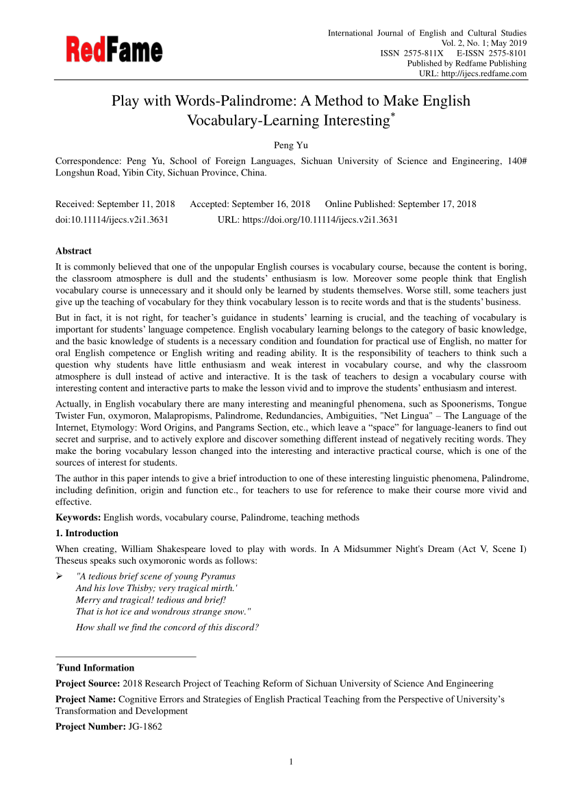 (PDF) Play with WordsPalindrome A Method to Make English Vocabulary