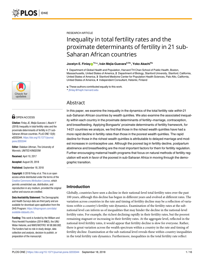 Pdf Inequality In Total Fertility Rates And The Proximate Determinants Of Fertility In 21 Sub 