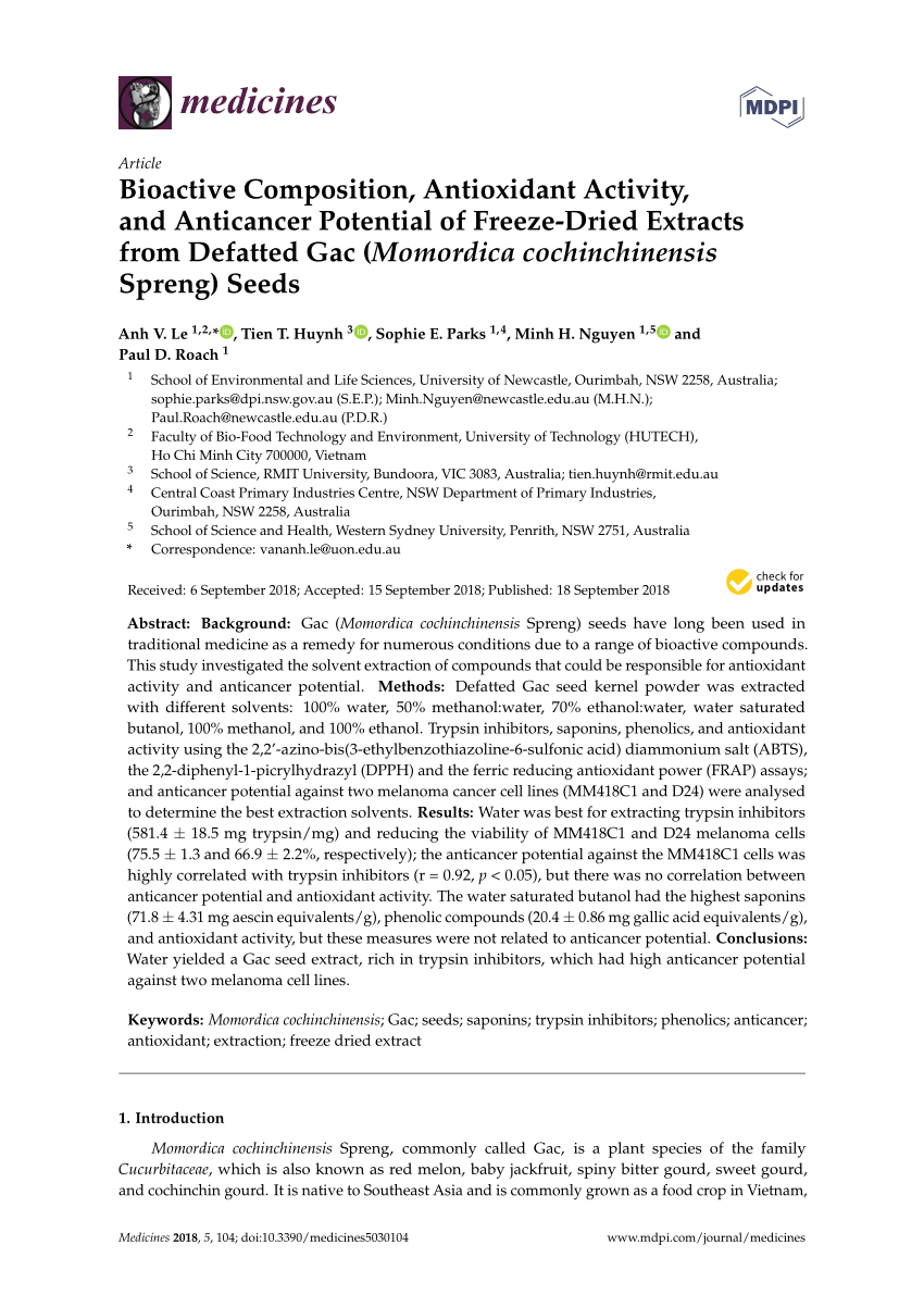 Pdf Bioactive Composition Antioxidant Activity And Anticancer Potential Of Freeze Dried Extracts From Defatted Gac Momordica Cochinchinensis Spreng Seeds