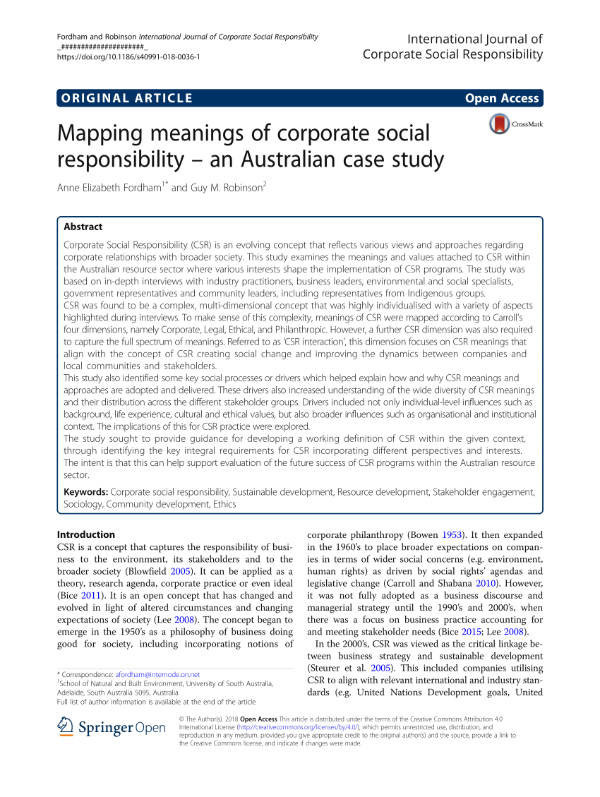 Pdf Mapping Meanings Of Corporate Social Responsibility An Australian Case Study