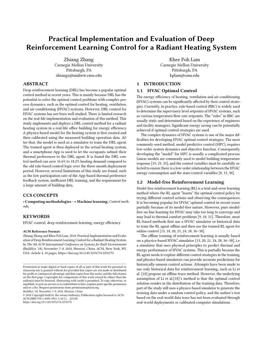 Pdf Practical Implementation And Evaluation Of Deep Reinforcement Learning Control For A Radiant Heating System