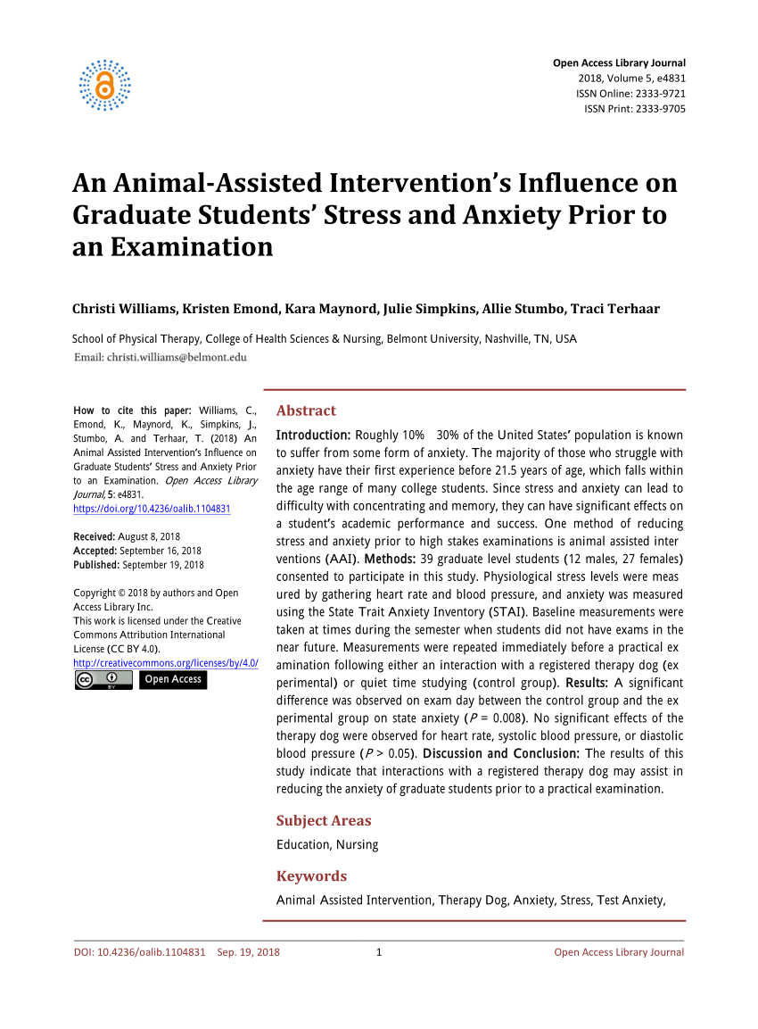 PDF) An Animal-Assisted Intervention's Influence on Graduate Students'  Stress and Anxiety Prior to an Examination