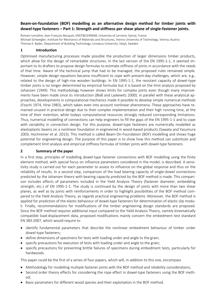 Pdf Beam On Foundation Bof Modelling As An Alternative Design Method For Timber Joints With Dowel Type Fasteners Part 1 Strength And Stiffness Per Shear Plane Of Single Fastener Joints