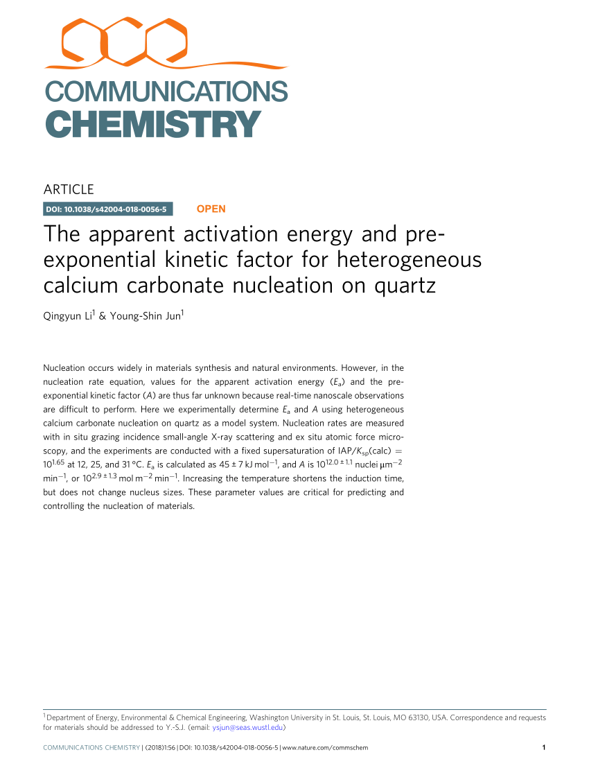 Pdf The Apparent Activation Energy And Pre Exponential Kinetic Factor For Heterogeneous Calcium Carbonate Nucleation On Quartz