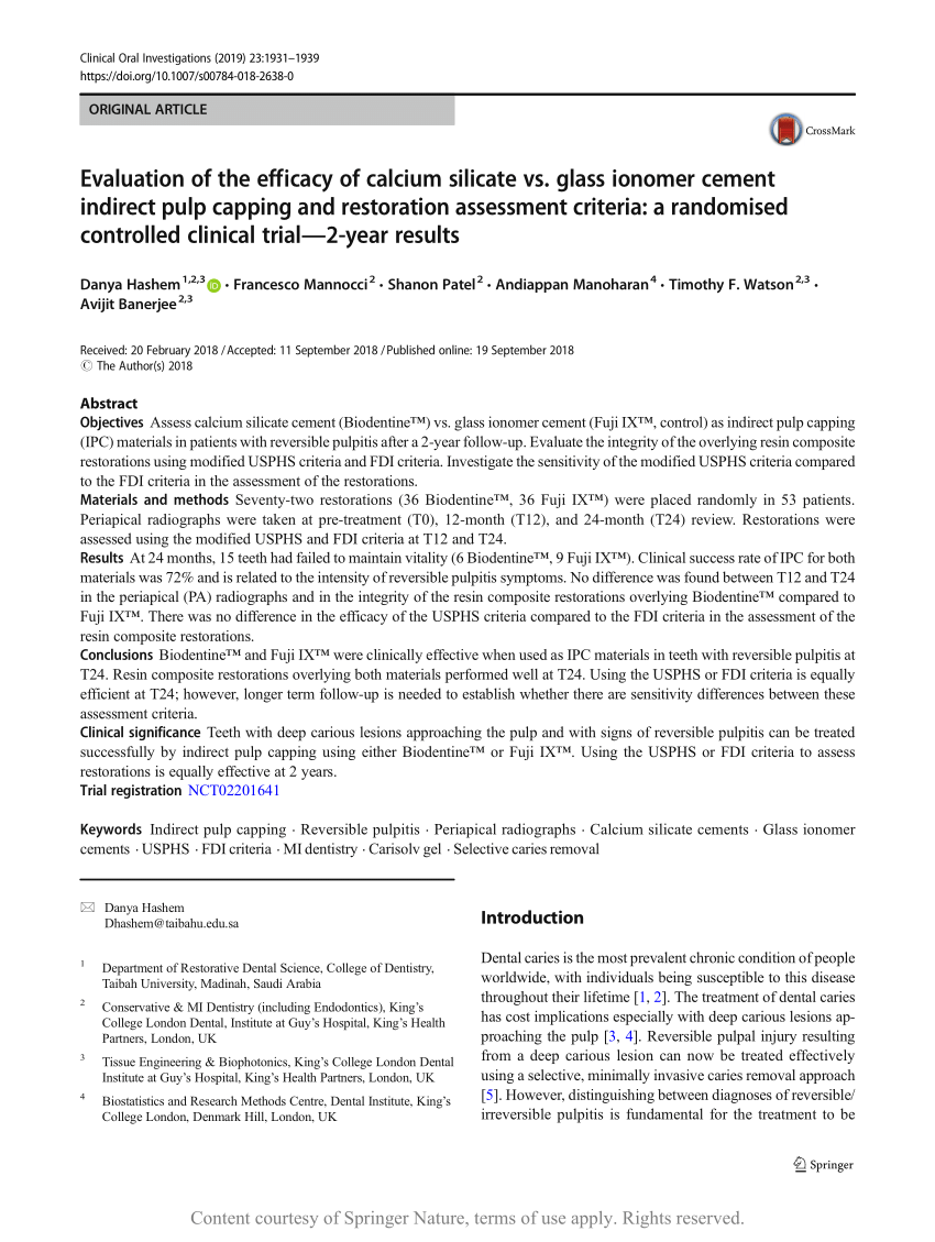 Pdf Evaluation Of The Efficacy Of Calcium Silicate Vs Glass Ionomer Cement Indirect Pulp Capg And Restoration Assessment Criteria A Randomised Controlled Clinical Trial 2 Year Results