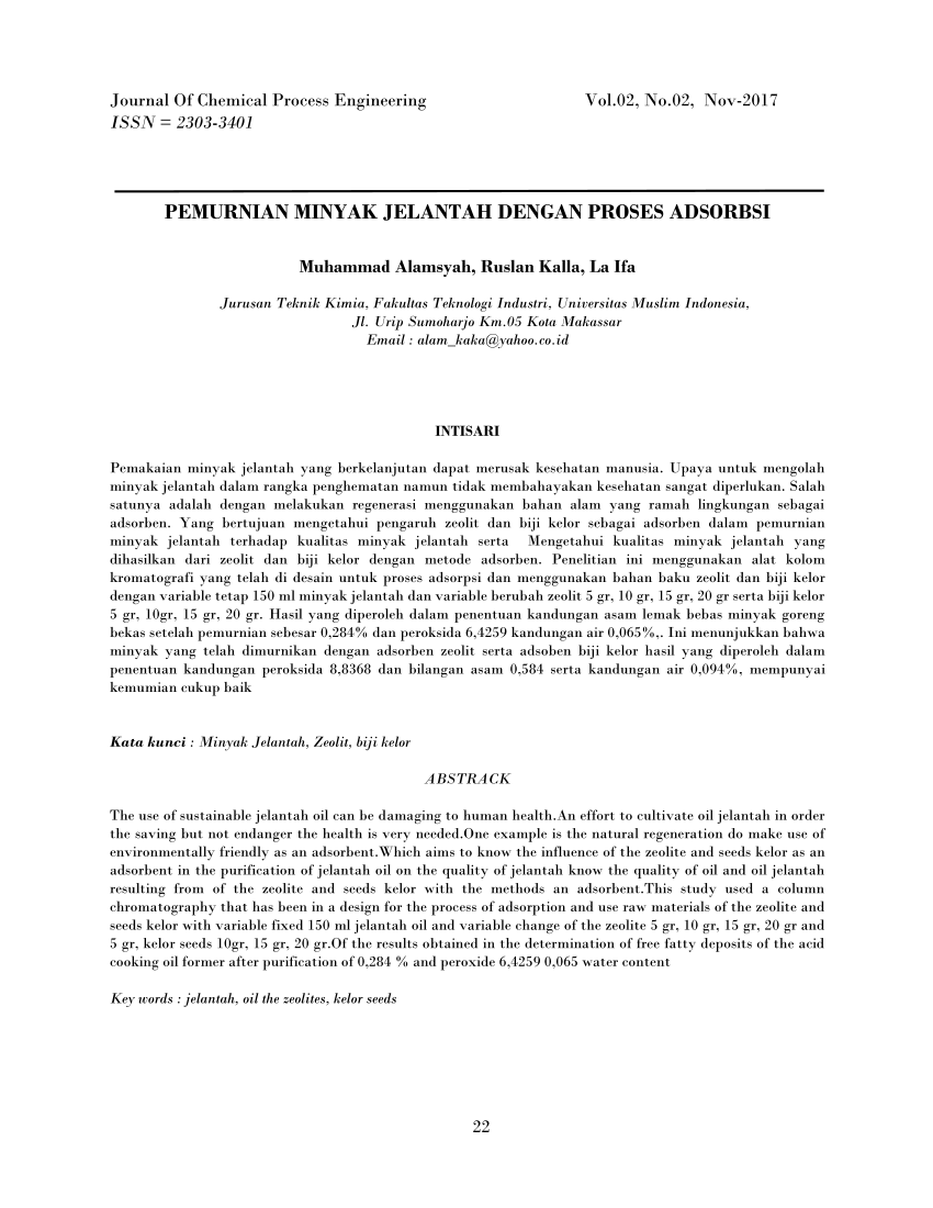 Pdf Pemurnian Minyak Jelantah Dengan Proses Adsorbsi