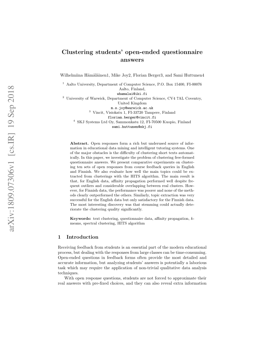 Pdf Clustering Students Open Ended Questionnaire Answers