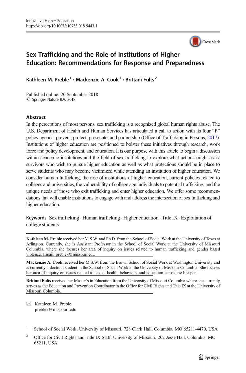 PDF) Sex Trafficking and the Role of Institutions of Higher Education:  Recommendations for Response and Preparedness