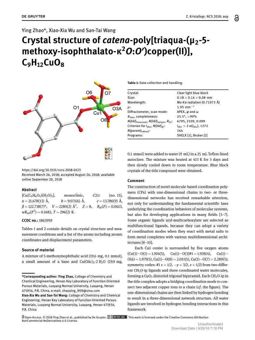 Pdf Crystal Structure Of Catena Poly Triaqua M2 5 Methoxy Isophthalato K2o O Copper Ii C9h12cuo8
