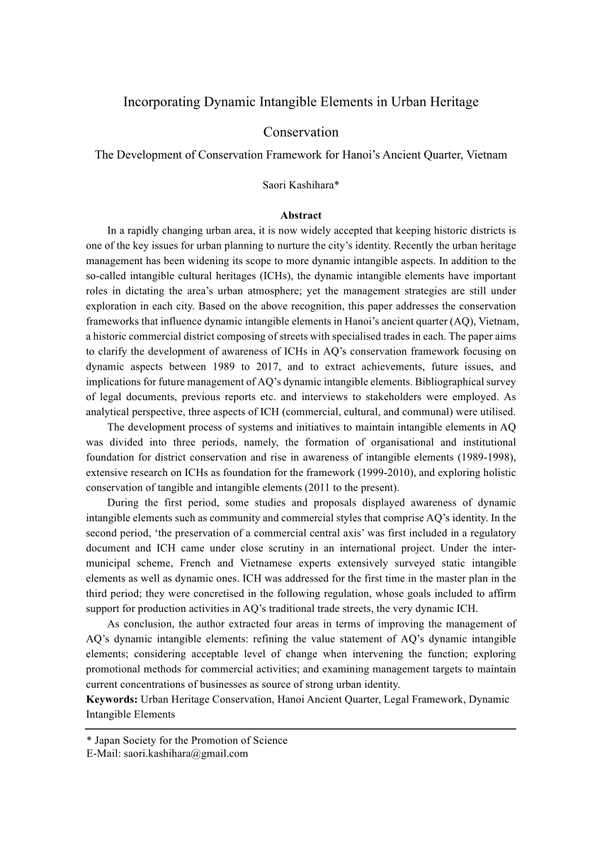 PDF) Incorporating Dynamic Intangible Elements in Urban Heritage  Conservation: the Development of Conservation Framework for Hanoi's Ancient  Quarter, Vietnam