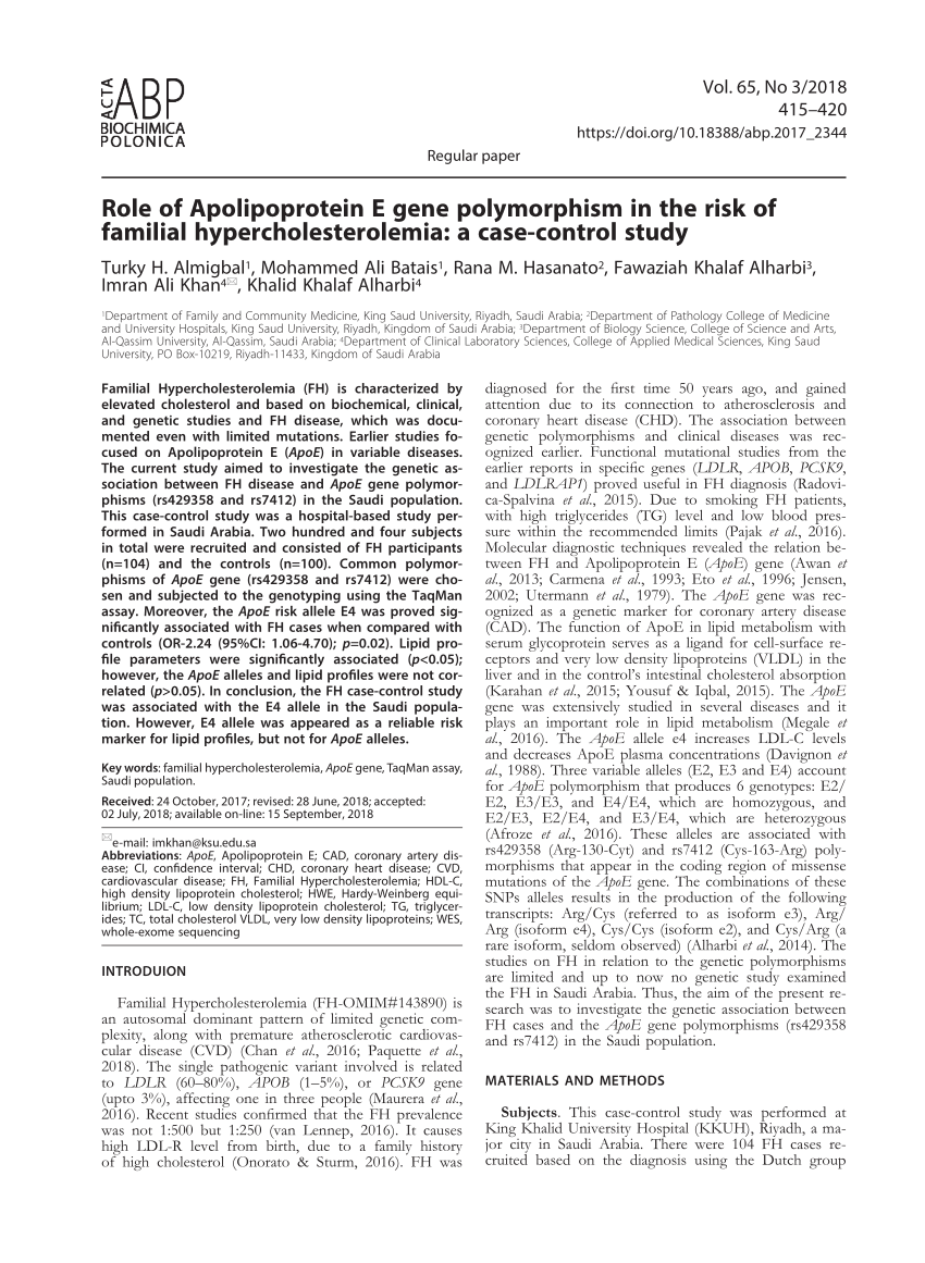 Pdf Role Of Apolipoprotein E Gene Polymorphism In The Risk Of Familial Hypercholesterolemia A 6477