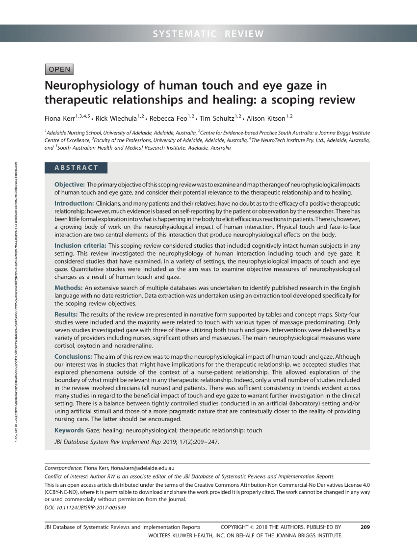 PDF) The neurophysiology of touch and eye its effects on therapeutic relationships and A scoping review
