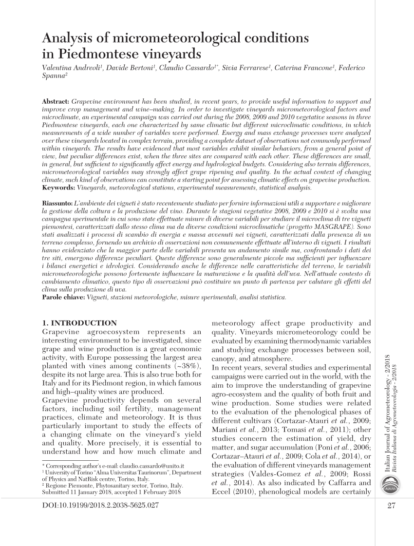 Pdf Analysis Of Micrometeorological Conditions In Piedmontese Vineyards