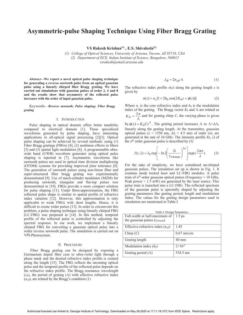 Pdf Asymmetric Pulse Shaping Technique Using Fiber Bragg Grating