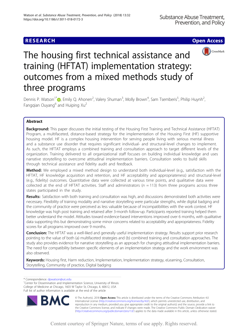 PDF) The housing first technical assistance and training (HFTAT)  implementation strategy: Outcomes from a mixed methods study of three  programs