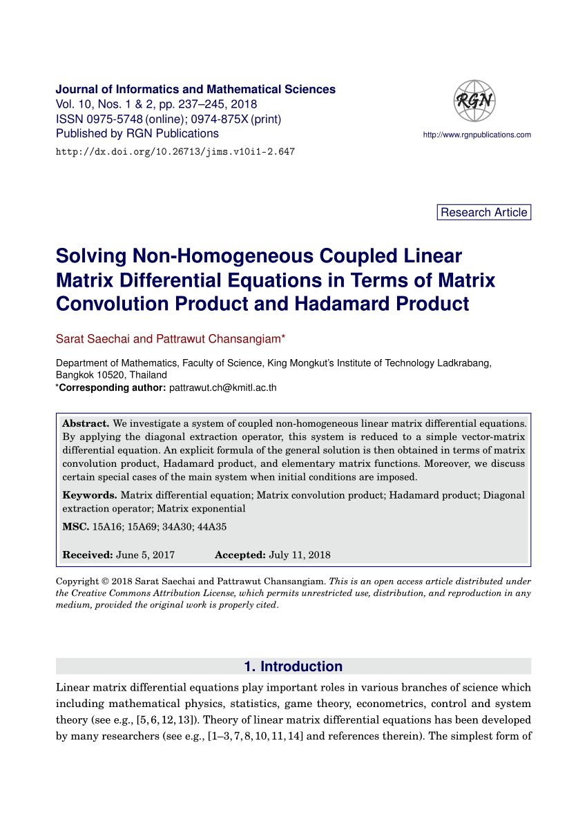 Pdf Solving Non Homogeneous Coupled Linear Matrix Differential Equations In Terms Of Matrix Convolution Product And Hadamard Product