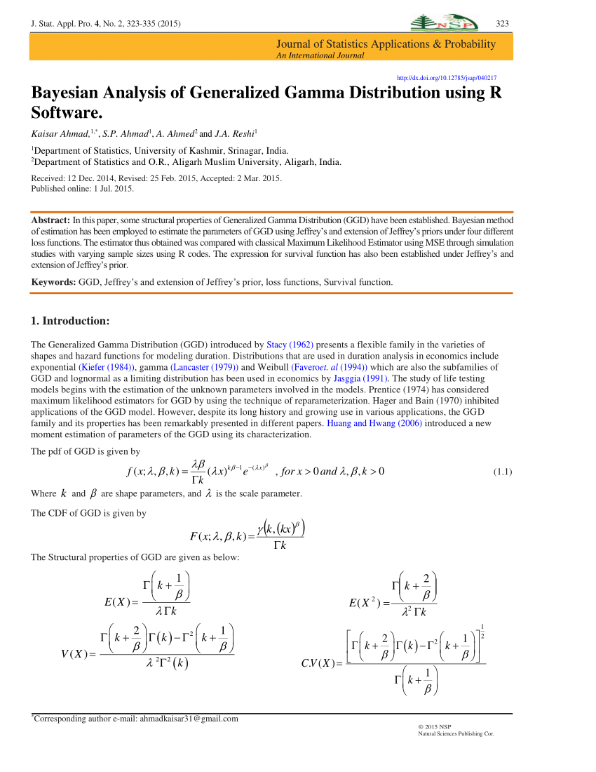 Pdf Bayesian Analysis Of Generalized Gamma Distribution Using R Software