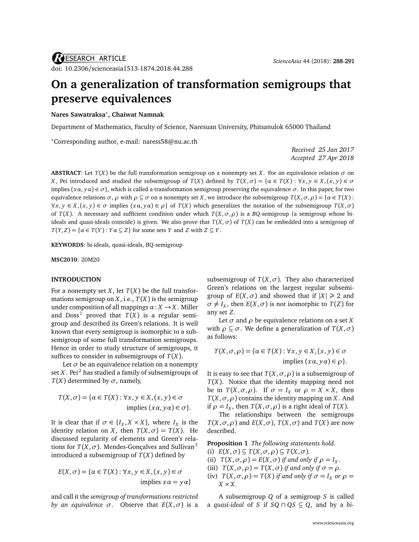 Pdf On A Generalization Of Transformation Semigroups That Preserve Equivalences