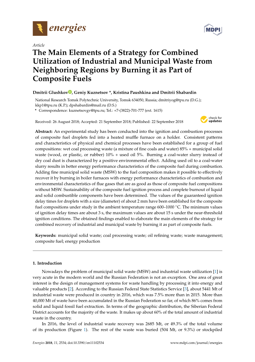 Pdf The Main Elements Of A Strategy For Combined Utilization Of Industrial And Municipal Waste From Neighboring Regions By Burning It As Part Of Composite Fuels