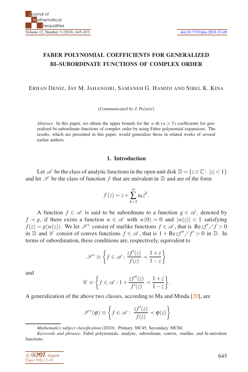 Pdf Faber Polynomial Coefficients For Generalized Bi Subordinate Functions Of Complex Order