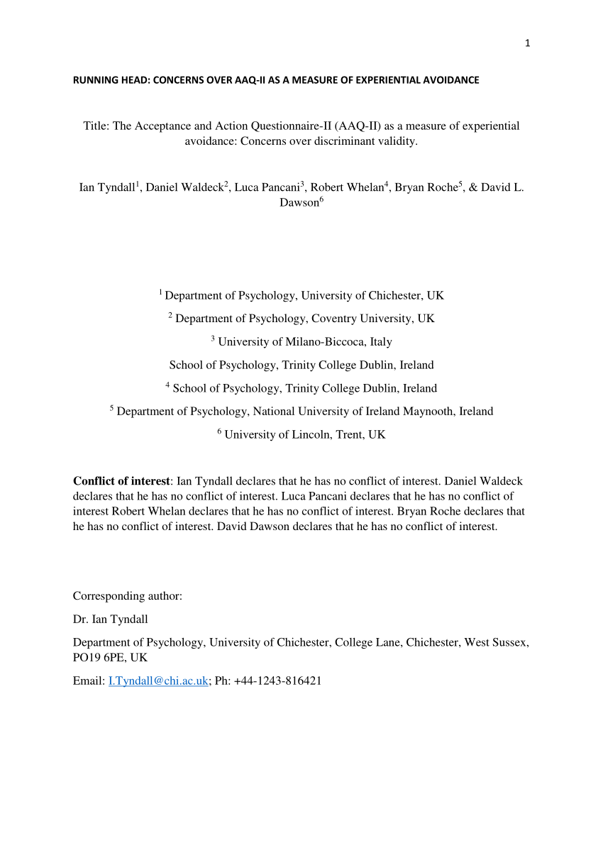 Pdf The Acceptance And Action Questionnaire Ii q Ii As A Measure Of Experiential Avoidance Concerns Over Discriminant Validity