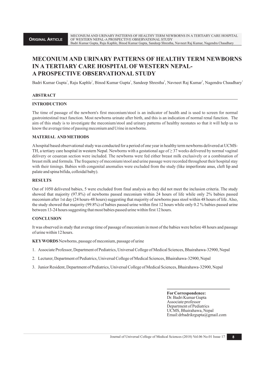 Pdf Meconium And Urinary Patterns Of Healthy Term Newborns In A Tertiary Care Hospital Of Western Nepal A Prospective Observational Study