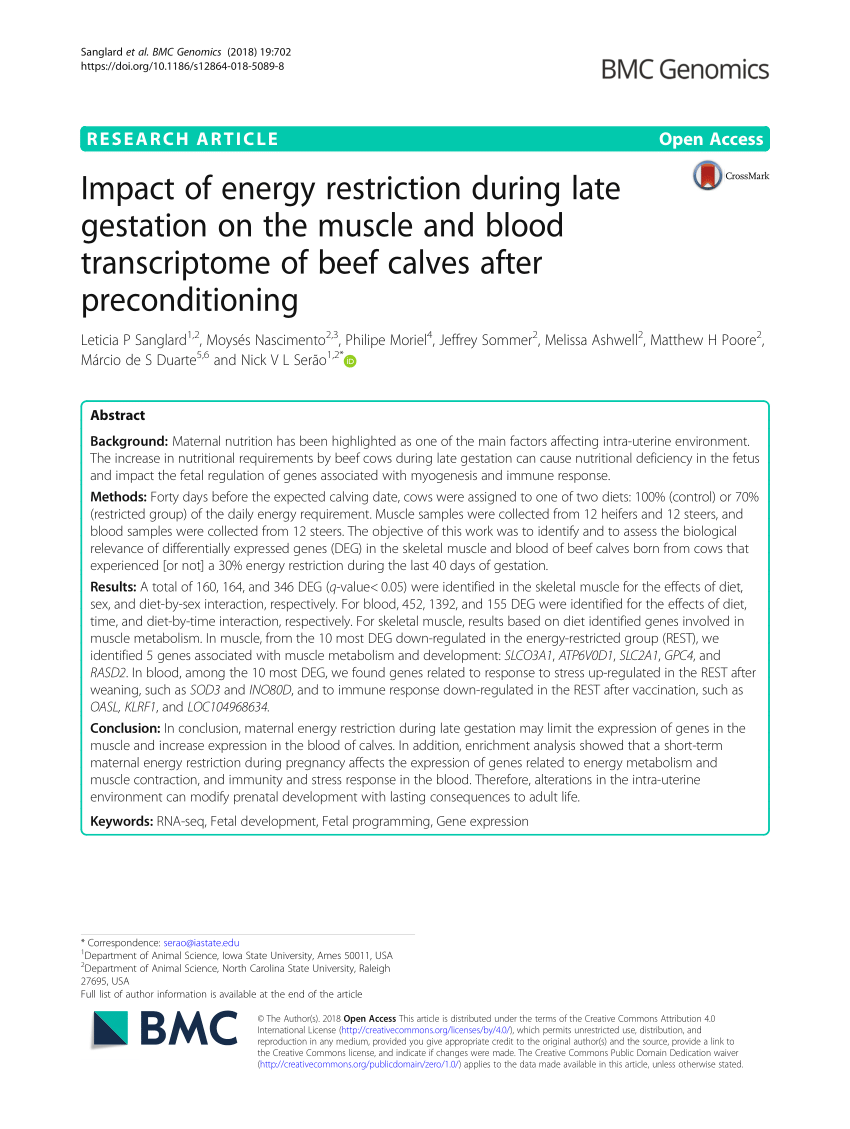 Pdf Impact Of Energy Restriction During Late Gestation On