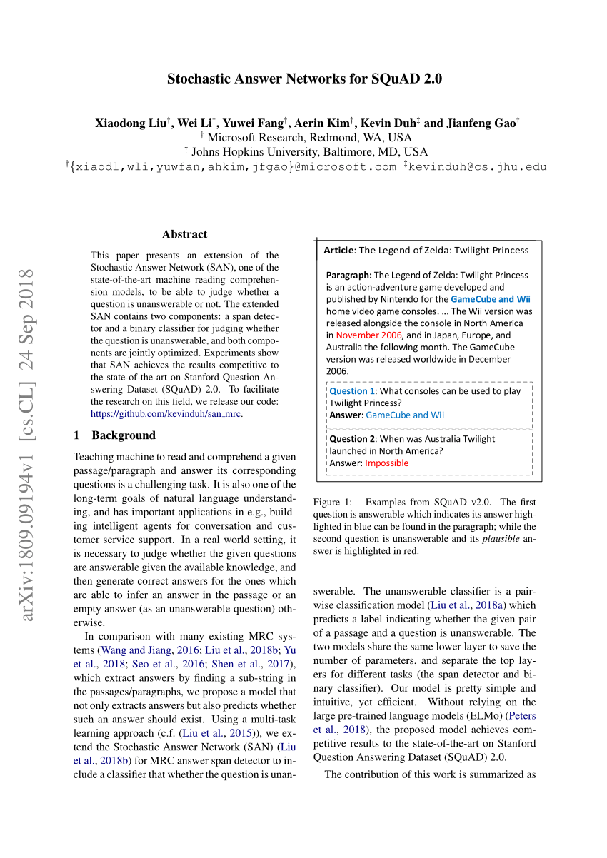 PDF Stochastic Answer Networks for SQuAD 2.0